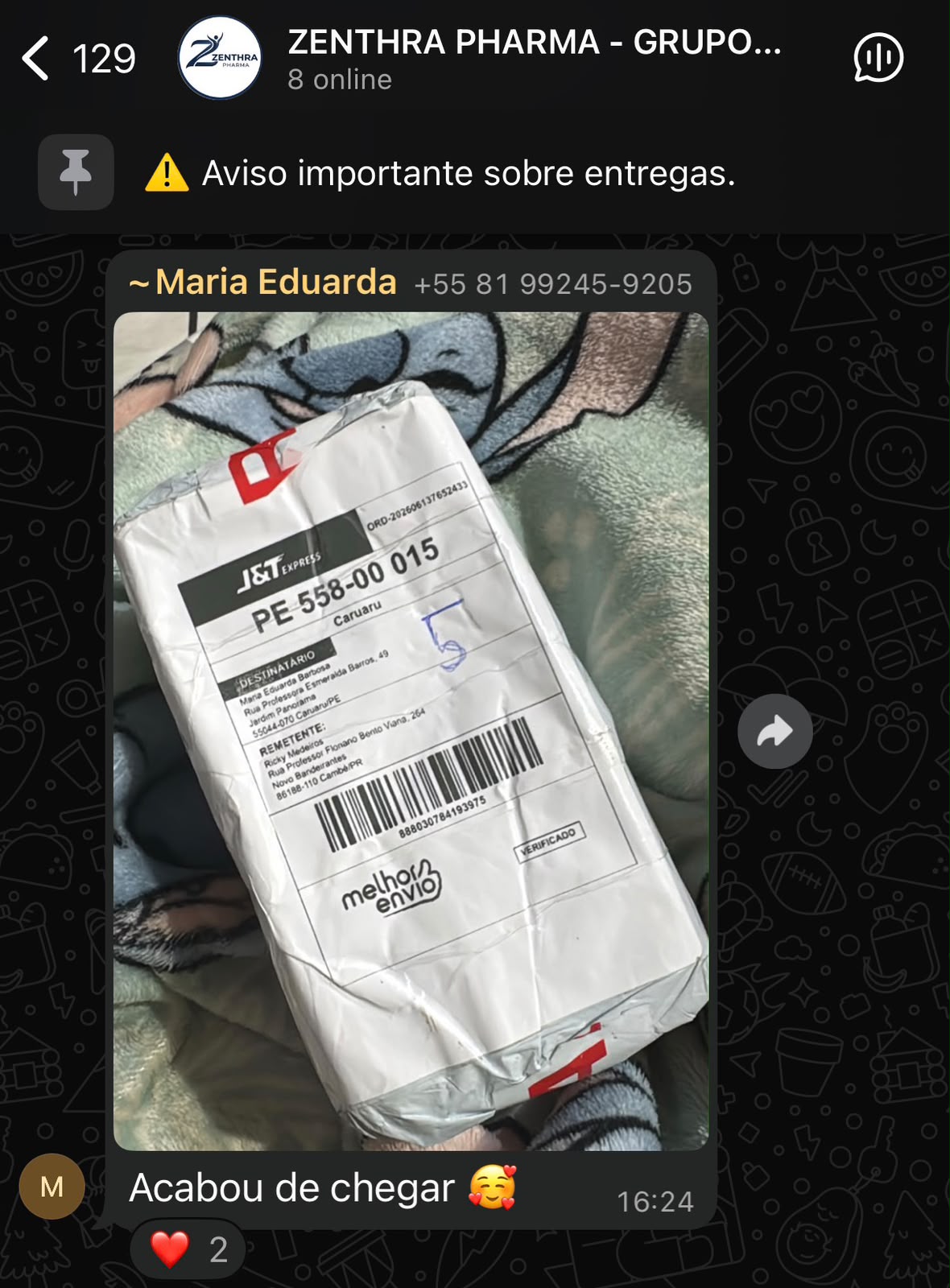 Print real de depoimento de cliente Zenthra no WhatsApp